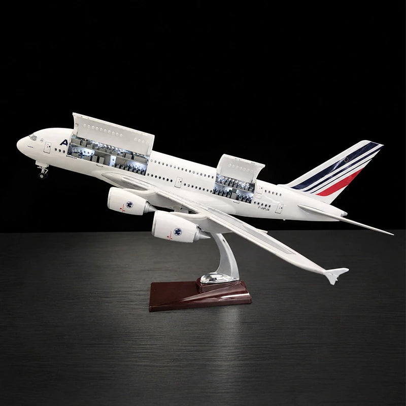 Air France Airbus A380 model aircraft 1:160 scale with openable cabin interior and detailed seating display