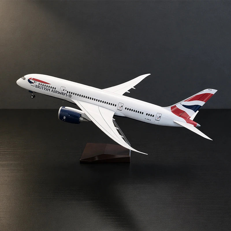 British Airways Boeing 787-9 model aircraft 1:130 scale with LED cabin windows on display stand