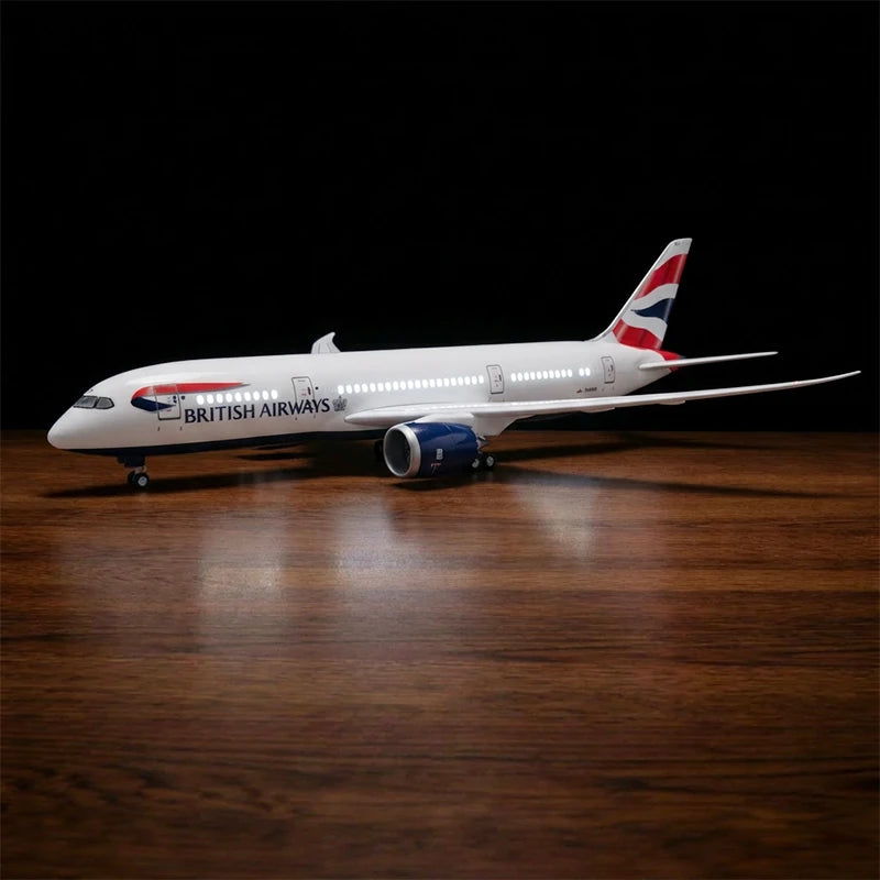 British Airways Boeing 787-9 model aircraft 1:130 scale with LED cabin windows on display stand