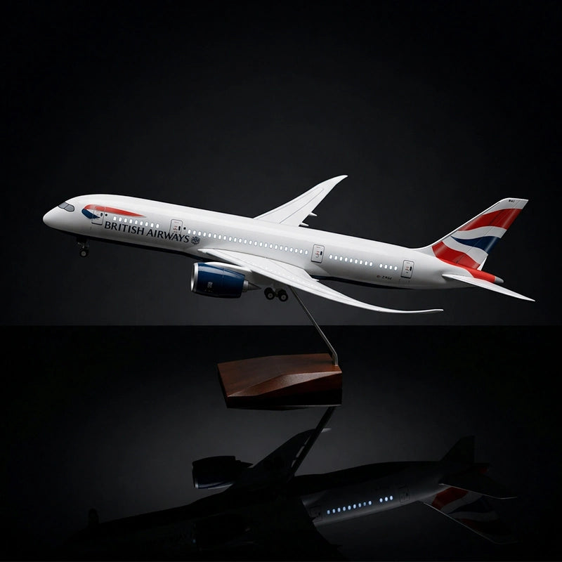 British Airways Boeing 787-9 model aircraft 1:130 scale with LED cabin windows on display stand