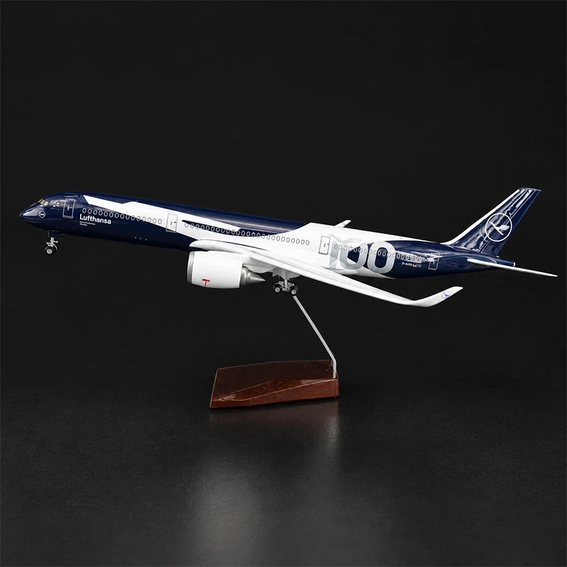 Lufthansa Airbus A350 1:142 scale model airplane with 100th anniversary livery, LED cabin lights and display stand.