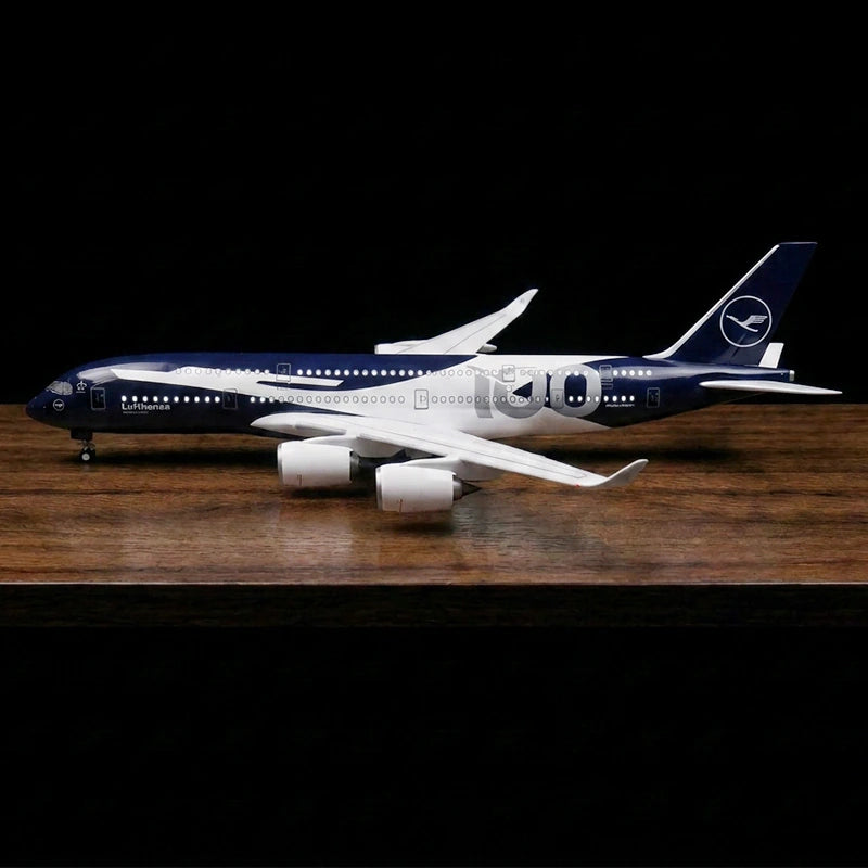 Lufthansa Airbus A380 100th Anniversary 1:160 scale model airplane with LED cabin lights and display stand.