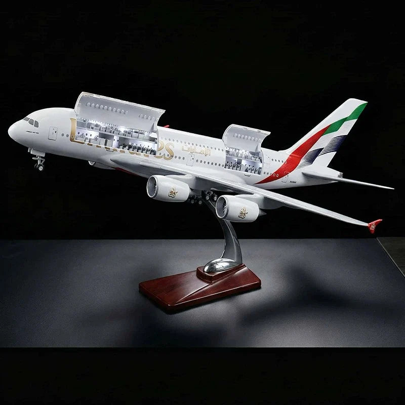 Large Emirates Airbus A380 aircraft model displayed with adequate space
