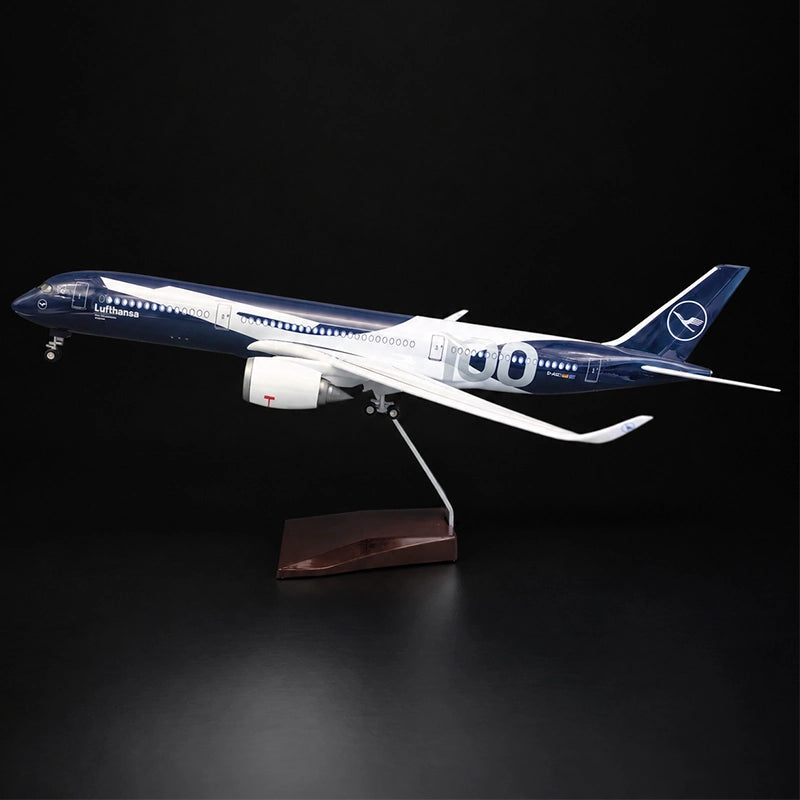 Lufthansa Airbus A350 1:142 scale model airplane with 100th anniversary livery, LED cabin lights and display stand.