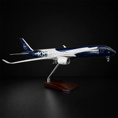 Lufthansa Airbus A350 1:142 scale model airplane with 100th anniversary livery, LED cabin lights and display stand.