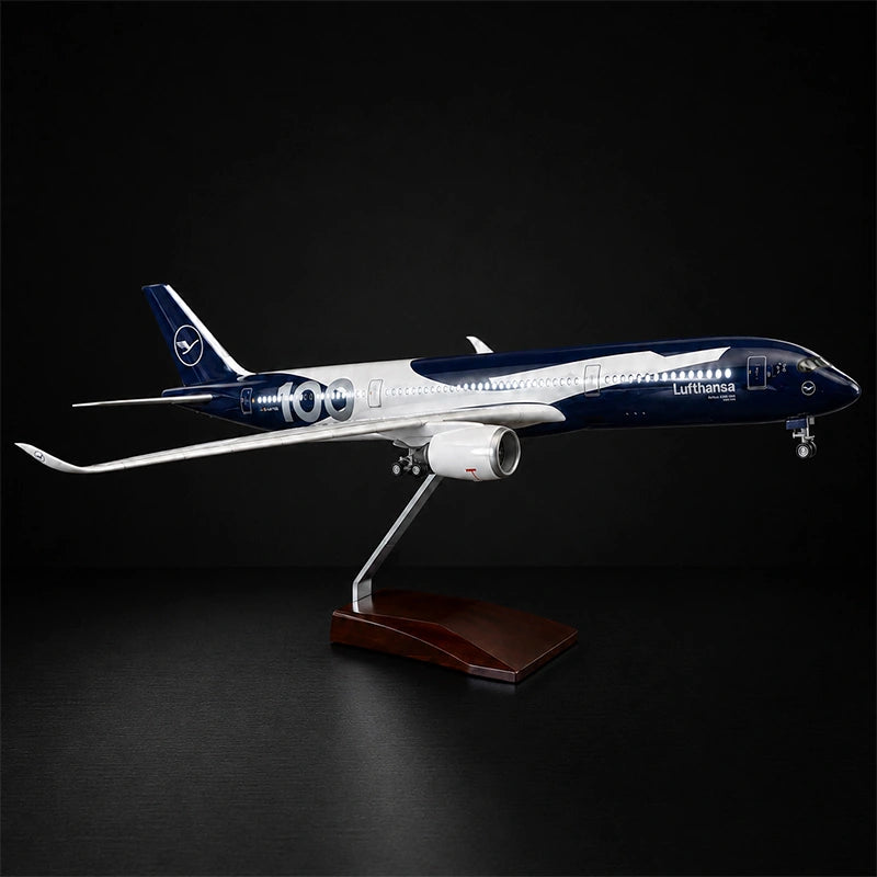 Lufthansa Airbus A350 1:142 scale model airplane with 100th anniversary livery, LED cabin lights and display stand.