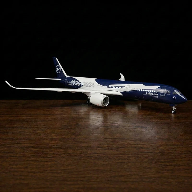 Lufthansa Airbus A350 1:142 scale model airplane with 100th anniversary livery, LED cabin lights and display stand.