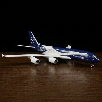 Lufthansa Airbus A380 100th Anniversary 1:160 scale model airplane with LED cabin lights and display stand.