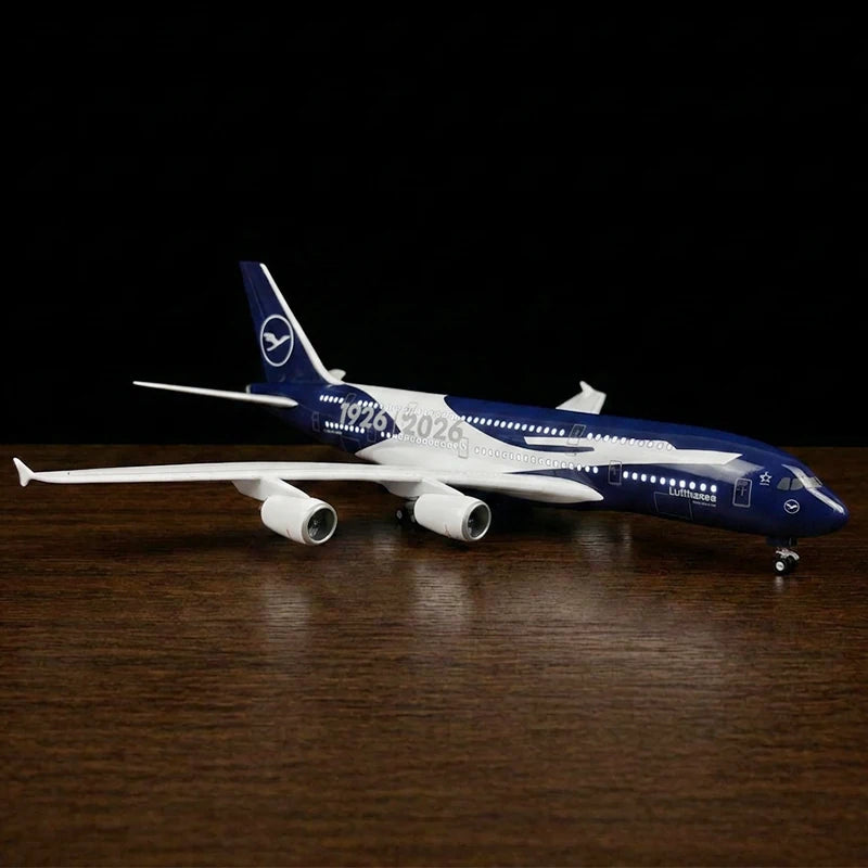 Lufthansa Airbus A380 100th Anniversary 1:160 scale model airplane with LED cabin lights and display stand.