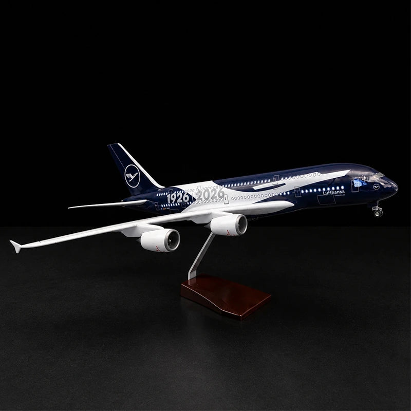 Lufthansa Airbus A380 100th Anniversary 1:160 scale model airplane with LED cabin lights and display stand.