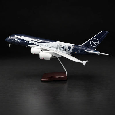 Lufthansa Airbus A380 100th Anniversary 1:160 scale model airplane with LED cabin lights and display stand.