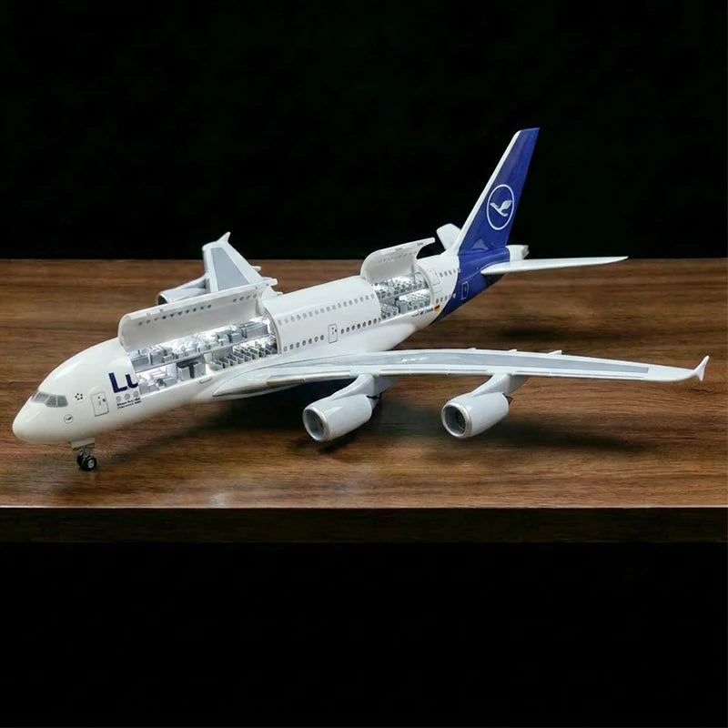 Lufthansa Airbus A380 model airplane with openable cabin and detailed interior display