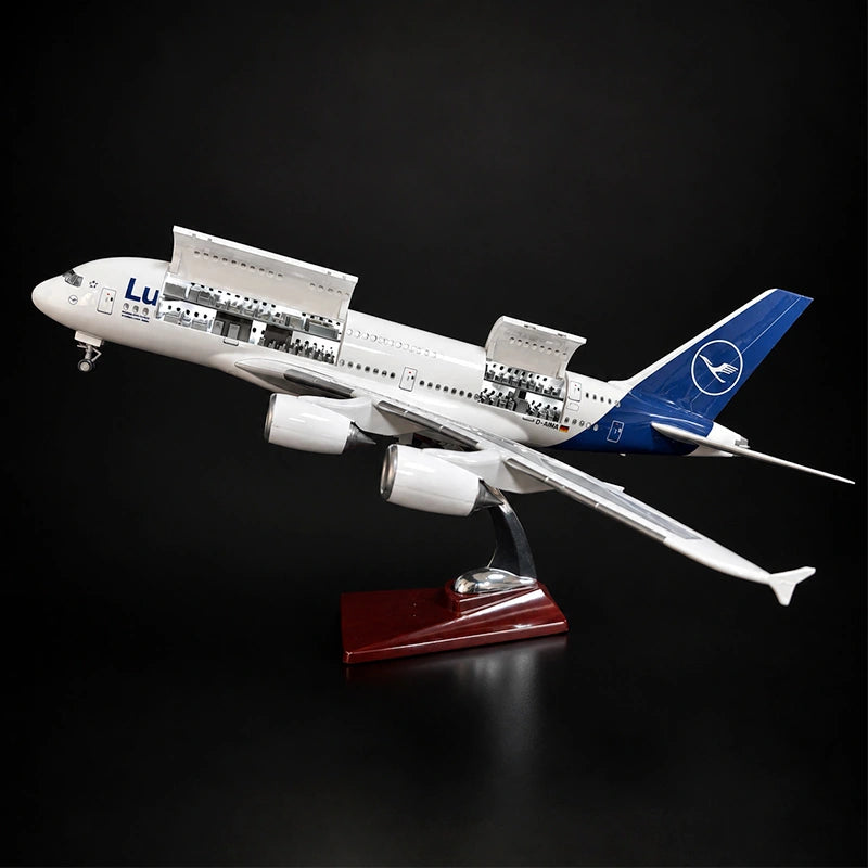 Lufthansa Airbus A380 model airplane with openable cabin and detailed interior display