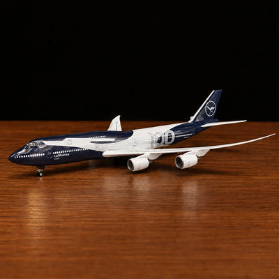 Lufthansa Boeing 747 100th Anniversary 1:150 scale model airplane with LED cabin lights and display stand.