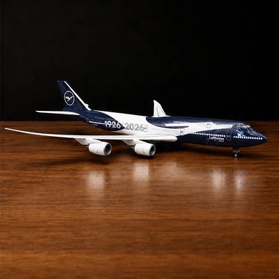 Lufthansa Boeing 747 100th Anniversary 1:150 scale model airplane with LED cabin lights and display stand.