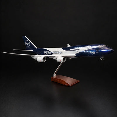 Lufthansa Boeing 747 100th Anniversary 1:150 scale model airplane with LED cabin lights and display stand.