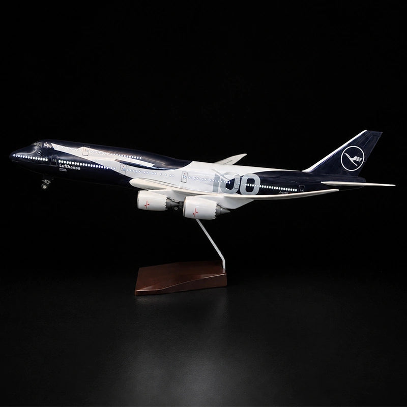 Lufthansa Boeing 747 100th Anniversary 1:150 scale model airplane with LED cabin lights and display stand.