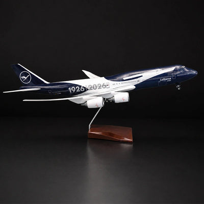 Lufthansa Boeing 747 100th Anniversary 1:150 scale model airplane with LED cabin lights and display stand.