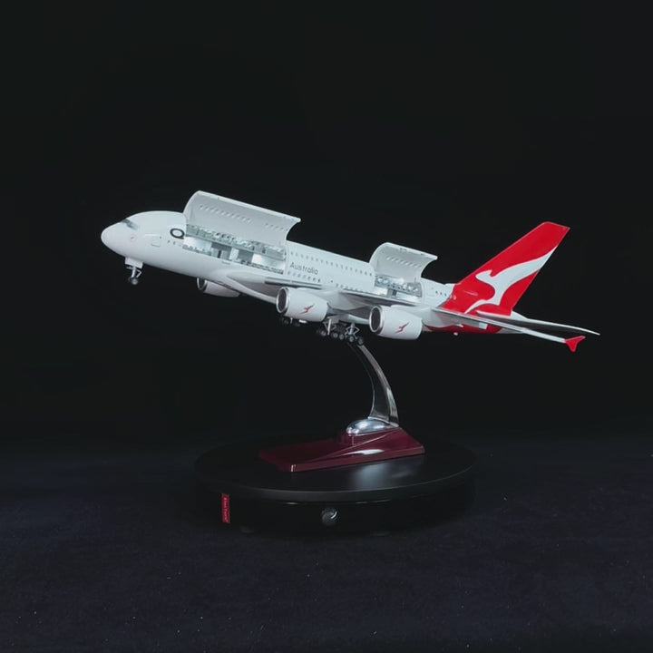 Load video: large scale Qantas A380 model airplane 1:160 with built-in LED lights detailed aircraft display model