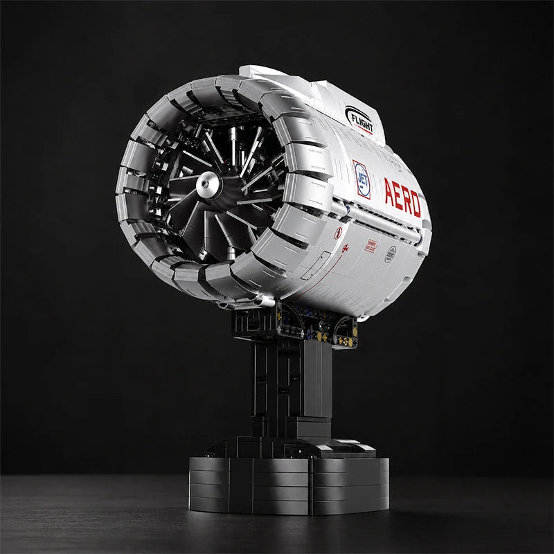 Front view of the detailed turbofan blades and display stand