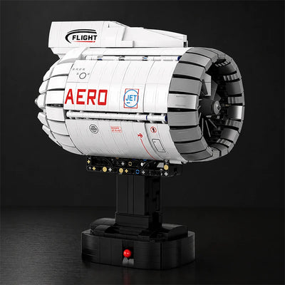 Motorized aircraft turbofan engine building kit on its display stand