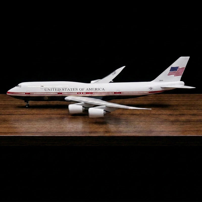 United States Air Force One VC-25A 1:150 model aircraft with sound-activated cabin lights and display stand.